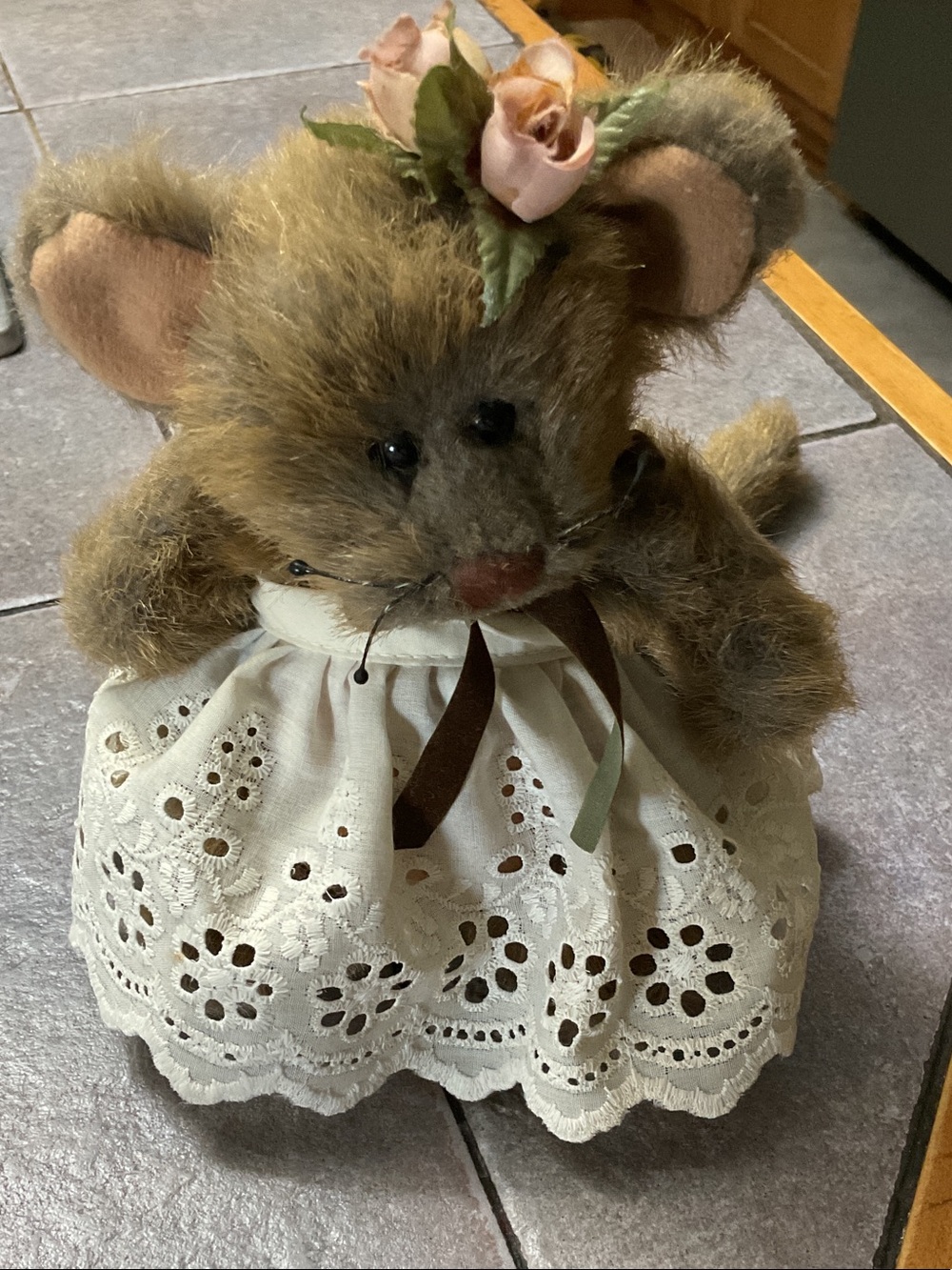 Plush Brown Mouse Toy with Cream Eyelet Dress and Rose Accent 1996
